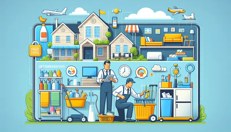 Colorful illustration of housekeepers with cleaning carts and supplies in front of vacation rental homes