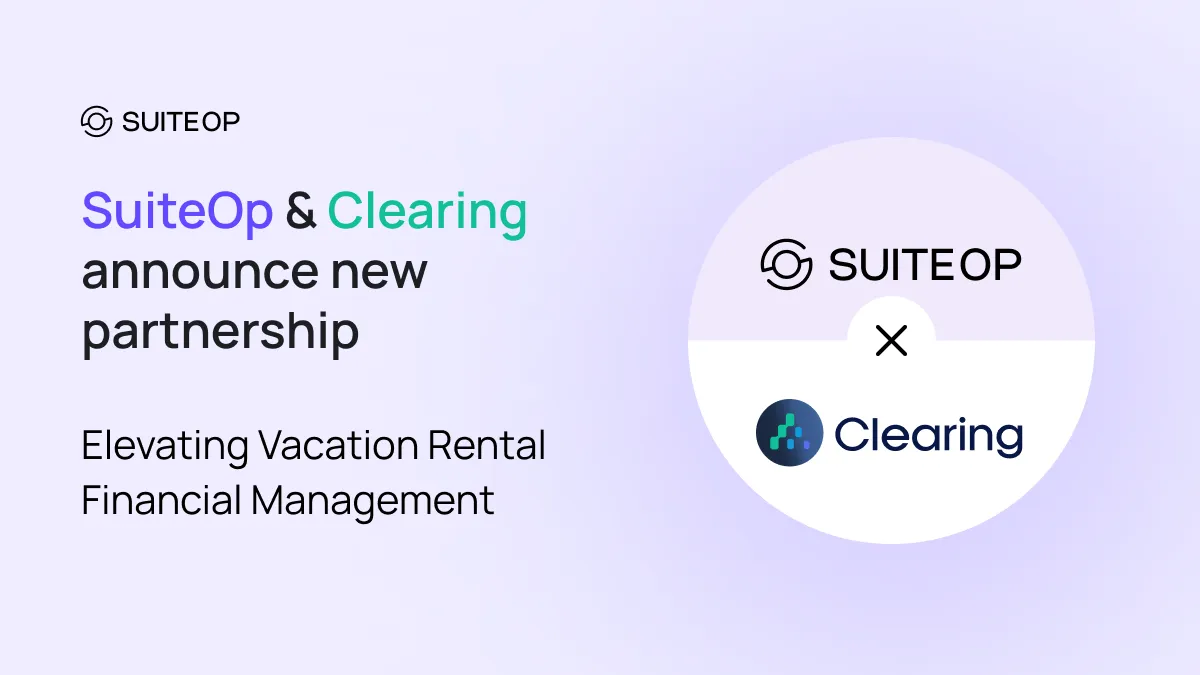 SuiteOp and Clearing partnership announcement graphic with both logos on a light purple background