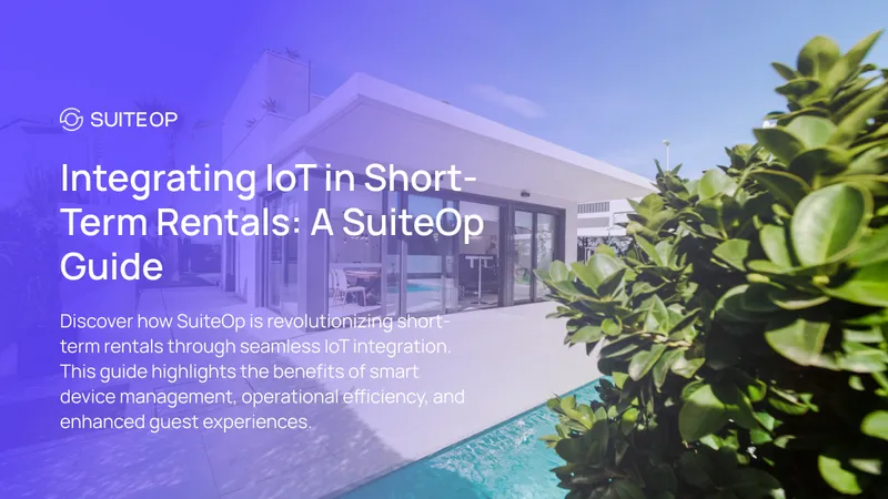 SuiteOp branded graphic of a modern white villa with a pool and glass doors behind green foliage, purple overlay