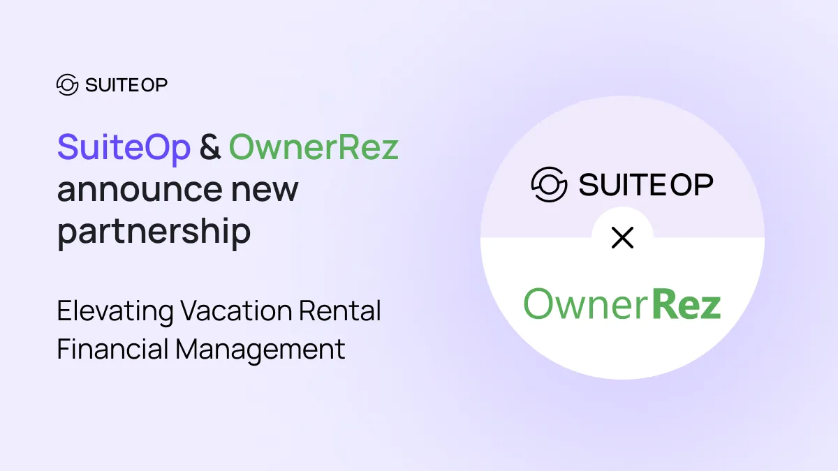 SuiteOp and OwnerRez partnership announcement graphic with both logos on a light purple background