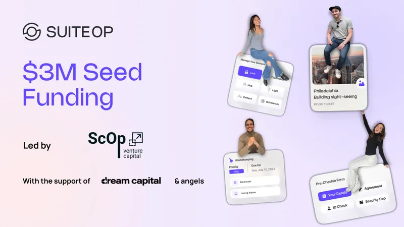 SuiteOp $3M seed funding announcement with ScOp Venture Capital and Dream Capital logos and team members on app cards
