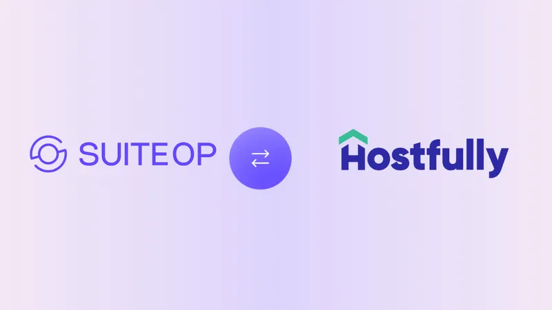 SuiteOp and Hostfully integration graphic with both logos joined by a purple sync arrow on a light background