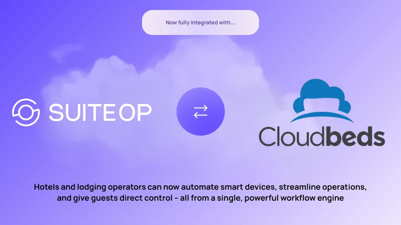 SuiteOp and Cloudbeds integration announcement banner with both logos linked by a sync arrow on a purple sky
