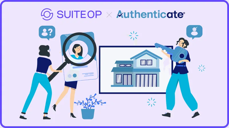 SuiteOp x Authenticate branded illustration of people checking an ID with a magnifying glass and holding a house key