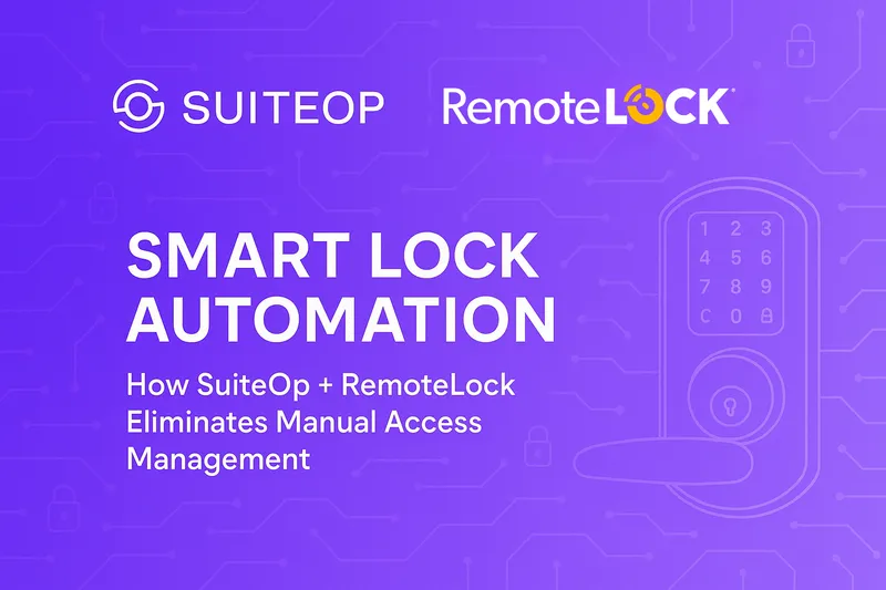 SuiteOp and RemoteLock co-branded banner reading Smart Lock Automation with a keypad lock outline on purple