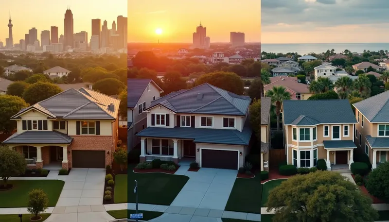 Three side by side views of two story suburban homes beneath Texas city skylines at sunset, one along the coast