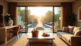 Sunlit rental living room with a welcome basket on the coffee table, a host at the counter and a pool outside