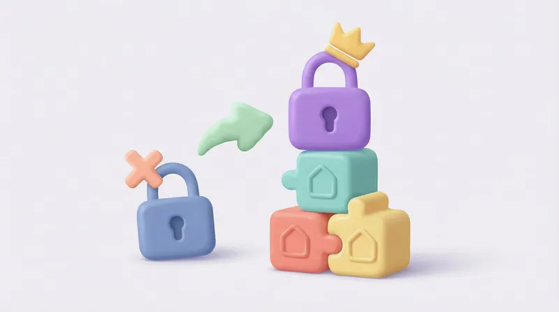 Illustration of smart lock choice: a blue padlock marked with an X, an arrow, and a purple padlock with a crown stacked on puzzle-piece blocks with house icons