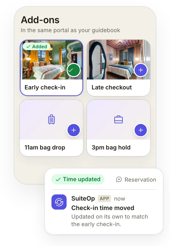 SuiteOp screen for Beckon Homes: Upsells in the same guest portal