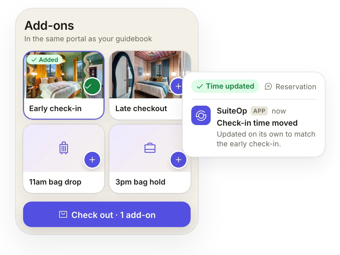 SuiteOp screen for Beckon Homes: Upsells in the same guest portal