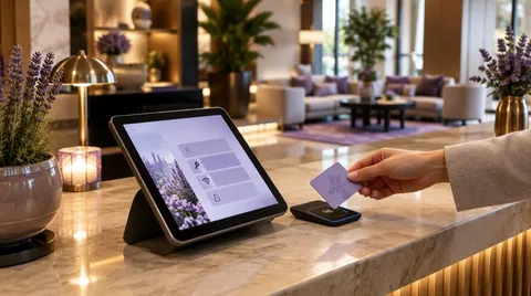 Voyageur présentant une carte-clé à la réception d'un hôtel, à côté d'une tablette