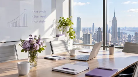 Table de réunion avec ordinateurs portables et carnets surplombant Manhattan