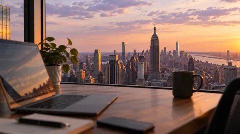 Ordinateur portable sur un bureau face à la skyline de New York au coucher du soleil