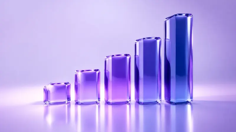 Five glass blocks in shades of purple, rising like a growth chart
