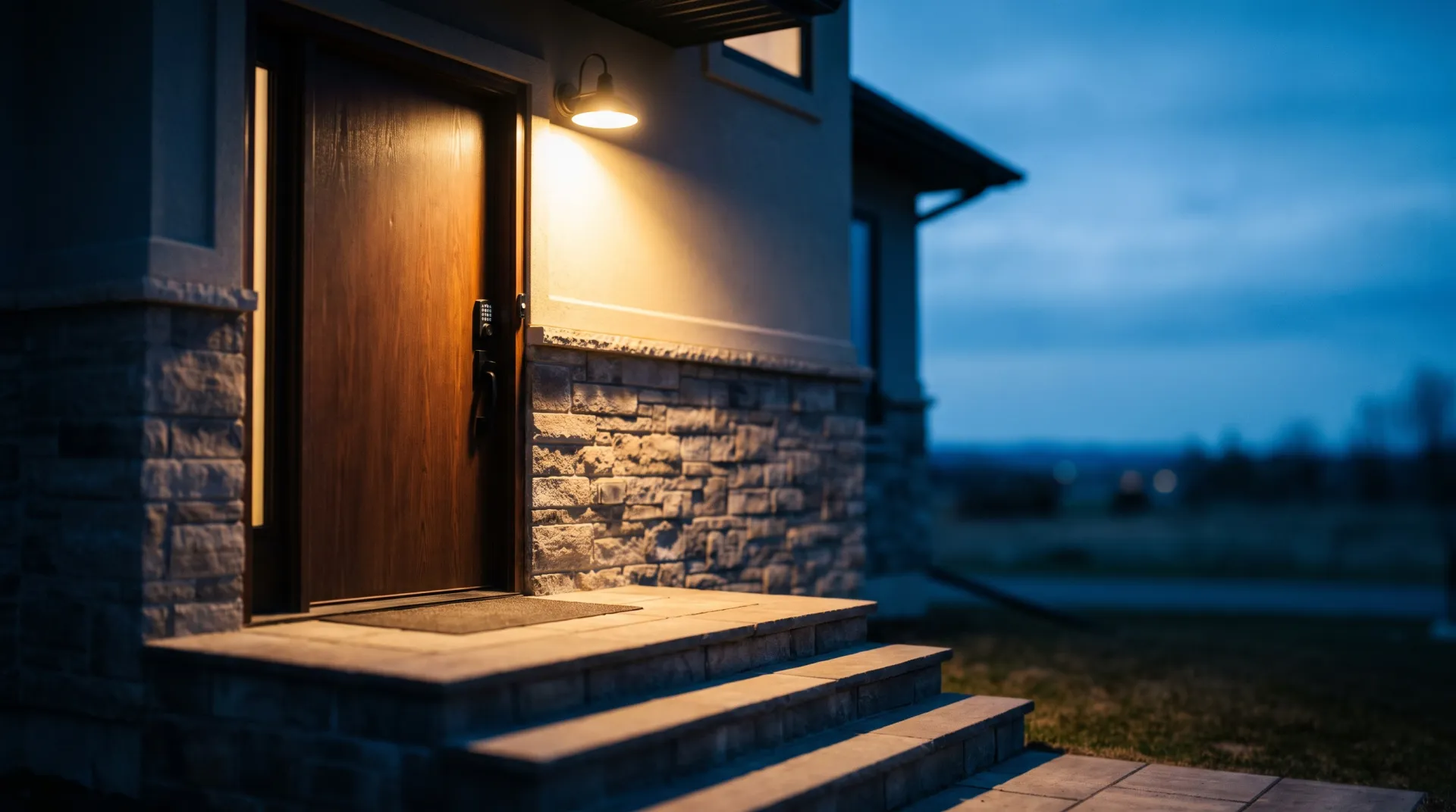 The front door of a rental home lit at dusk