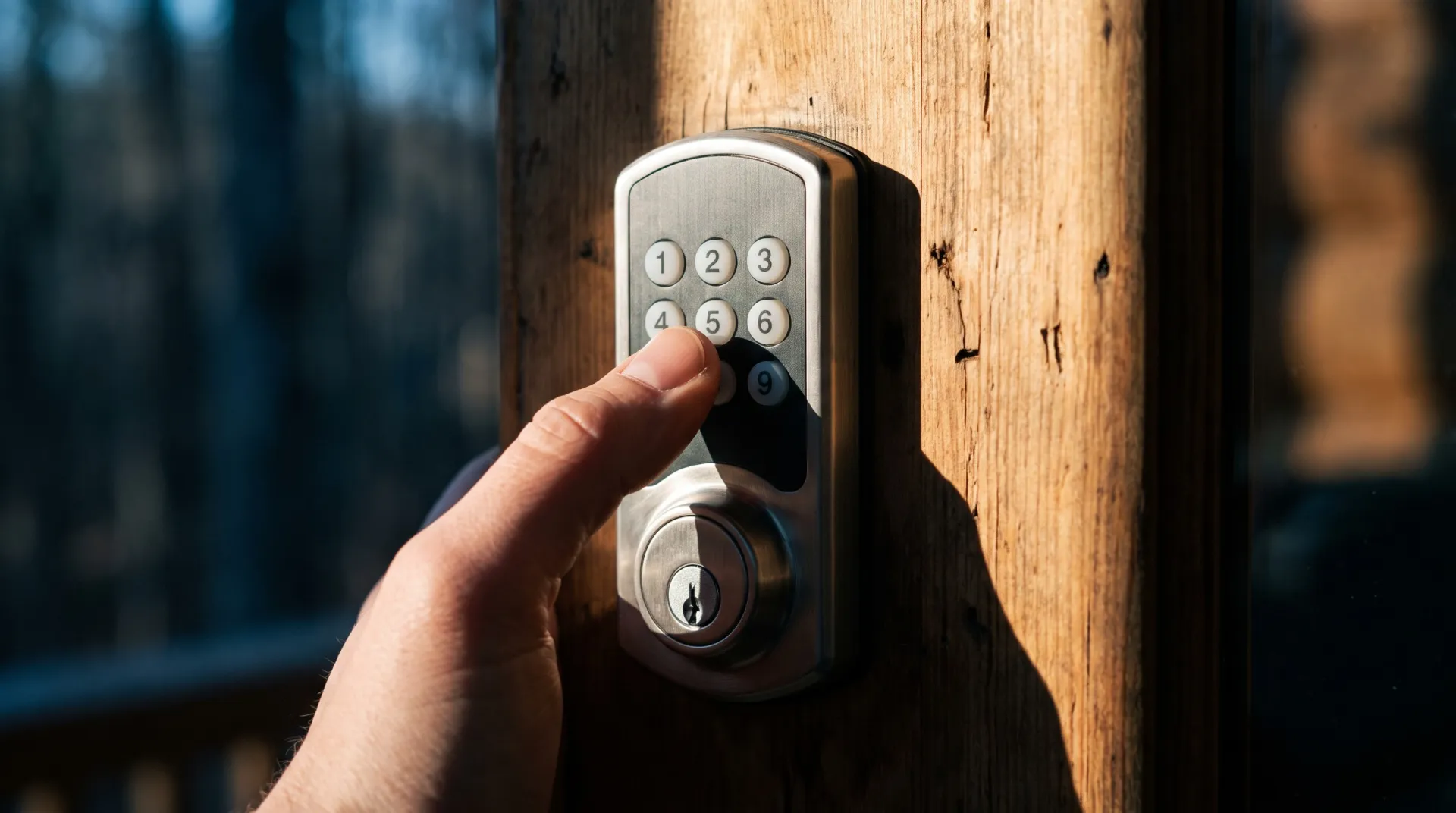 A guest entering a code on a keypad smart lock
