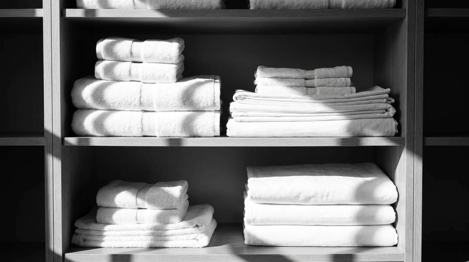 Folded white towels and linens on closet shelves