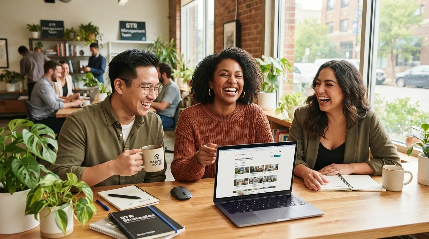 Three property operators smiling at a laptop in a bright office