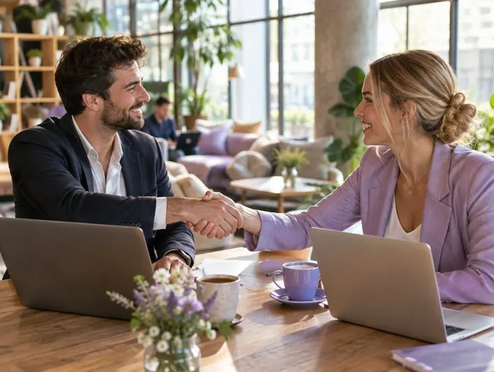 Deux personnes se serrant la main au-dessus d'une table avec des ordinateurs portables et des tasses de café dans un espace de travail ensoleillé