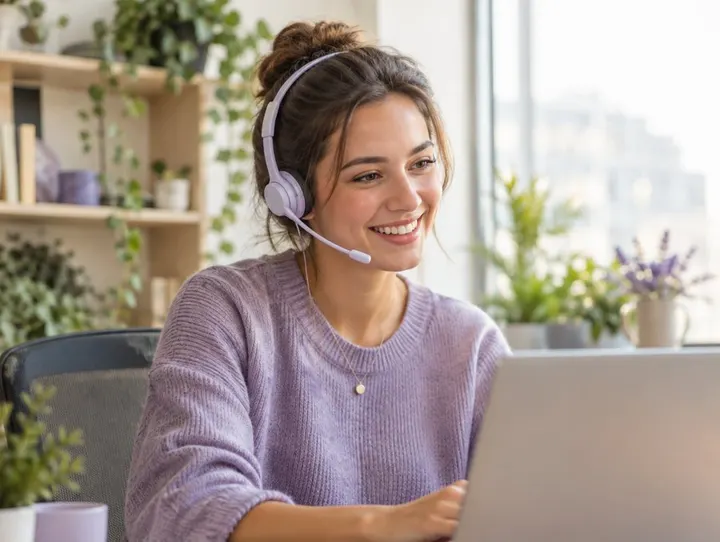 Une agente de support souriante avec un casque, travaillant sur un ordinateur portable dans un bureau lumineux avec des plantes