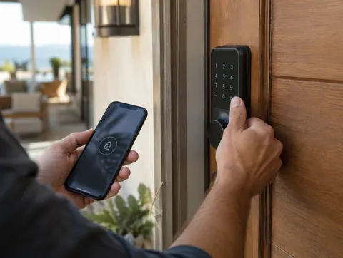 Phone unlocking a smart lock on a rental front door