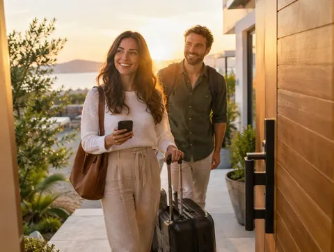 Guests arriving at a vacation rental with their luggage